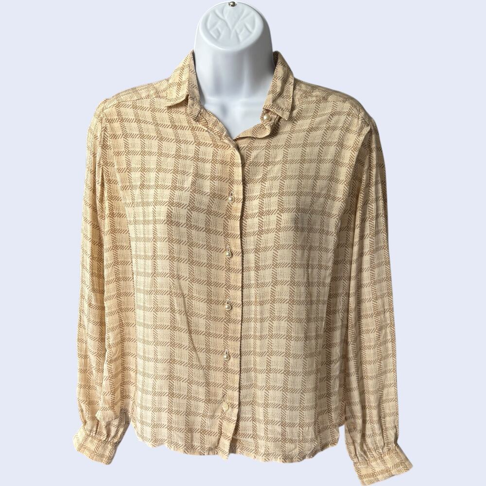 DAVID HAYES Beige Check Button Front Blouse Collared Long Sleeve 80s 90s Sz S
